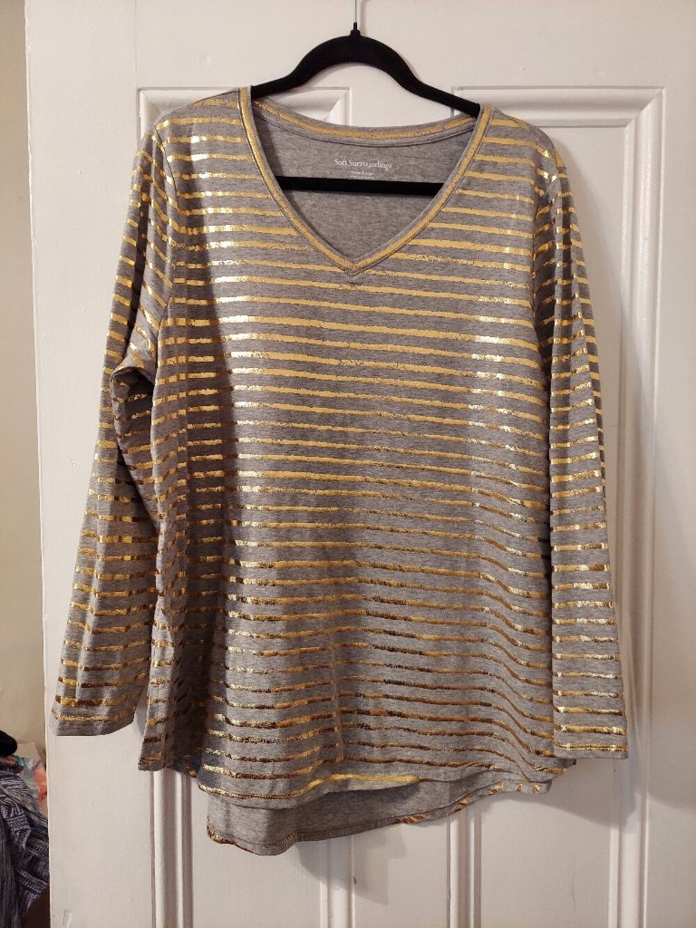 NWOT Soft Surroundings Gray Pima Isabel Foil Stripe Long Sleeve Tunic Petite XL
